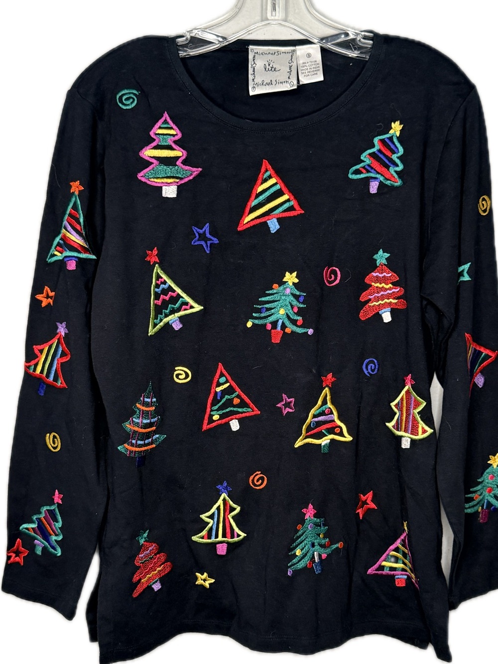 Michael Simon Lite Black Embroidered Christmas Top
